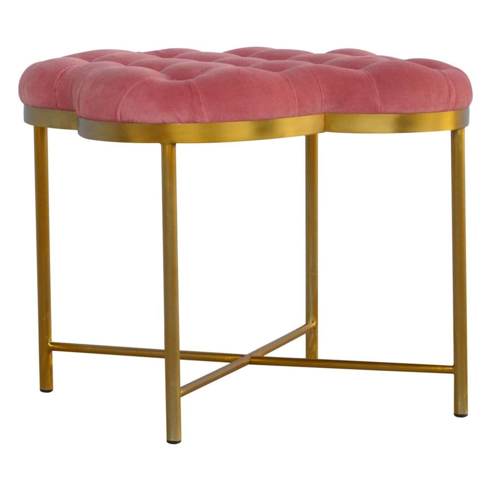 Pink Velvet Deep Button Footstool with Golden Base